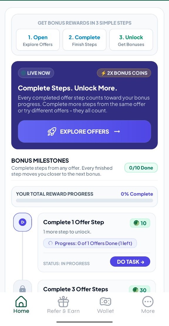 Eagle Rewards app screen showing offer steps, bonus milestones and reward progress